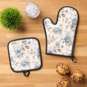 Hübsche Blaue Creme Beige Braune Blumen Ofenhandschuh & Topflappen-Set
