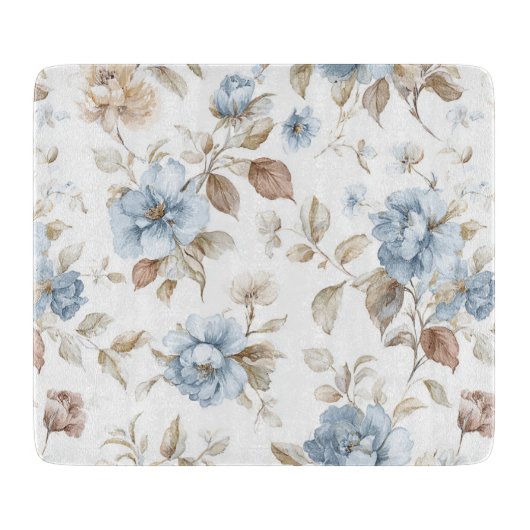Hübsche Blaue Creme Beige Braune Blumen Schneidebrett (Vorderseite)