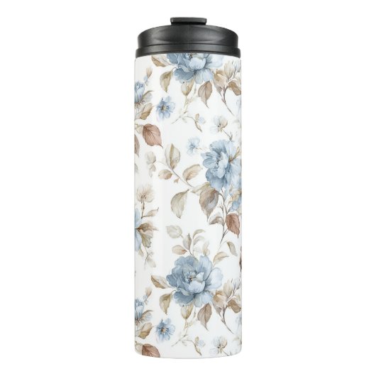Hübsche Blaue Creme Beige Braune Blumen Thermosbecher (Vorderseite)