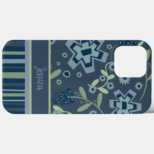 Hübsche blaue Flora und Streifen - kundenspezifisc Case-Mate iPhone Hülle (Rückseite (Horizontal))