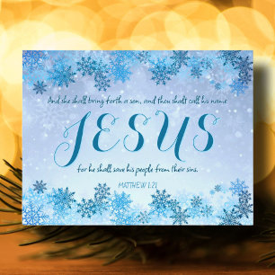 Hübsche blaue Schneeflocken Jesus Bible Verse Weih Feiertagspostkarte