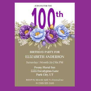 Hübsche blaue und violette Pfingstrose 100. Geburt Einladung