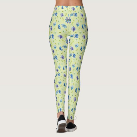 Hübsche blaue Wasserfarben-Blume auf Gelb Leggings (Rückseite)