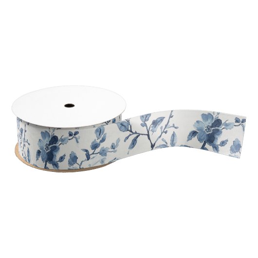 Hübsche blaue weiße florale Brautparty Ripsband (Spule)