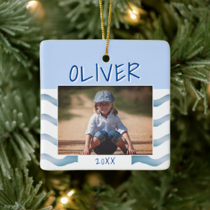 Hübsche blaue Wellen Junge Foto Kinder Weihnachten Keramikornament