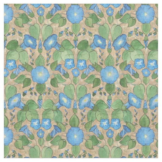 Hübsche blaue Winde auf Taupe-Blumengewebe Stoff (Nahaufnahme)