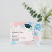 Hübsche Blautönen auf rosa Hintergrund Abschluss Einladungspostkarte (Stehend Vorderseite)