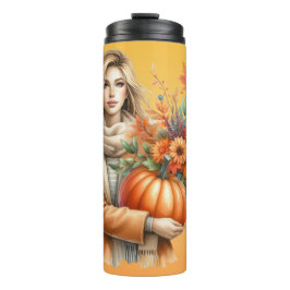 HÜBSCHE BLONDE-FRAU MIT FALL-PUMPKINS UND BLUME THERMOSBECHER