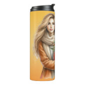 HÜBSCHE BLONDE-FRAU MIT FALL-PUMPKINS UND BLUME THERMOSBECHER (Nach links gedreht)