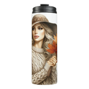 HÜBSCHE BLONDE-FRAU MIT HERBSTLAUBEN THERMOSBECHER