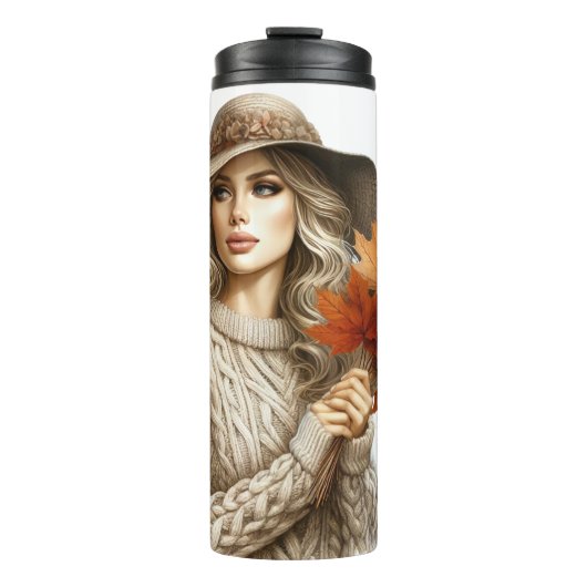 HÜBSCHE BLONDE-FRAU MIT HERBSTLAUBEN THERMOSBECHER (Vorderseite)