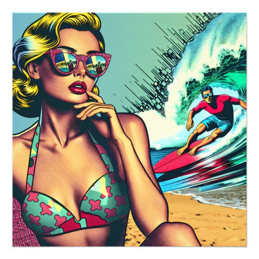 Hübsche Blonde Retro Frau und Surfer Typ Fotodruck (Vorne)