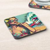Hübsche Blonde Retro Frau und Surfer Typ Getränkeuntersetzer (Linke Seite)
