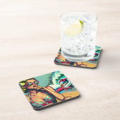 Hübsche Blonde Retro Frau und Surfer Typ Getränkeuntersetzer (Rechte Seite)