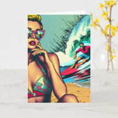 Hübsche Blonde Retro Frau und Surfer Typ Karte (Gelbe Blume)