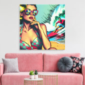 Hübsche Blonde Retro Frau und Surfer Typ Leinwanddruck (Insitu (Wohnzimmer))