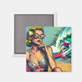 Hübsche Blonde Retro Frau und Surfer Typ Magnet (Vorderseite/Rückseite)