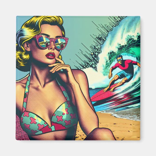 Hübsche Blonde Retro Frau und Surfer Typ Magnet (Vorne)