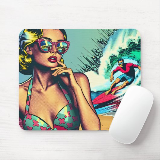 Hübsche Blonde Retro Frau und Surfer Typ Mousepad (Mit Mouse)