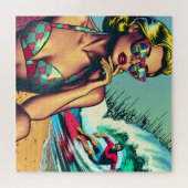 Hübsche Blonde Retro Frau und Surfer Typ Puzzle (Horizontal)