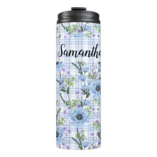 HÜBSCHE BLUE-BLUMEN MIT KARIERTEN PATTERN THERMOSBECHER (Vorderseite)