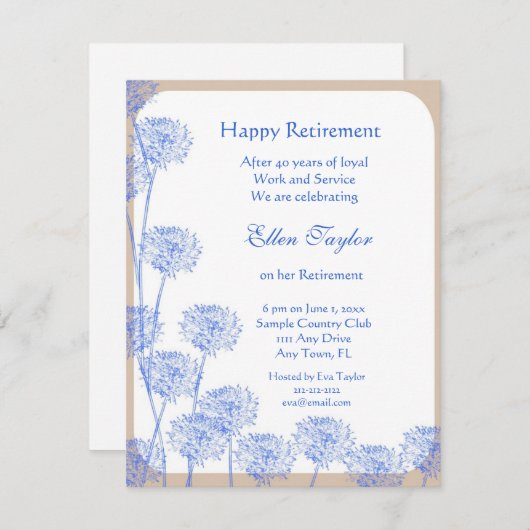 Hübsche Blue Dandela Retirement Party Einladung (Vorne/Hinten)