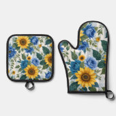HÜBSCHE BLUE WHITE JELLOW SPRING BLUMEN OFENHANDSCHUH & Topflappen-Set (Vorderseite)