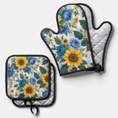 HÜBSCHE BLUE WHITE JELLOW SPRING BLUMEN OFENHANDSCHUH & Topflappen-Set (Vorderseite/Rückseite)