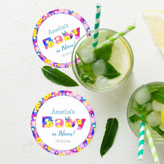 Hübsche Blume Baby Dusche Blau Personalisiert Runder Pappuntersetzer