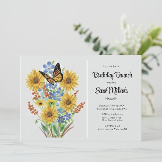 Hübsche Blume Bouquet Birthday Brunch Einladung (Stehend Vorderseite)
