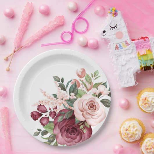 Hübsche Blume Burgund und Pink Pappteller (Party)