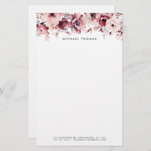 Hübsche Blume für Wasserfarben Burgund und Blush Briefpapier (Vorne/Hinten)