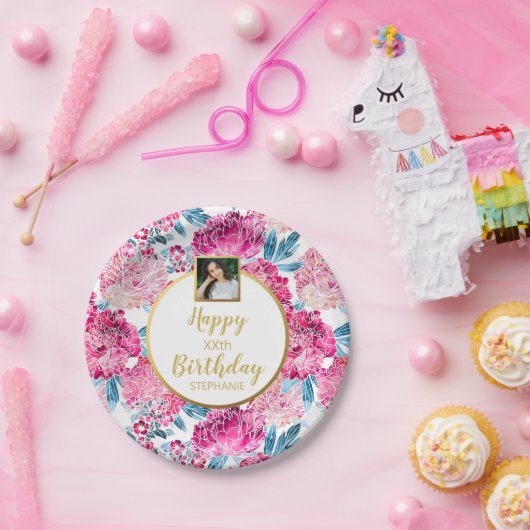 Hübsche Blume, Happy Birthday, Benutzerdefinierter Pappteller (Party)