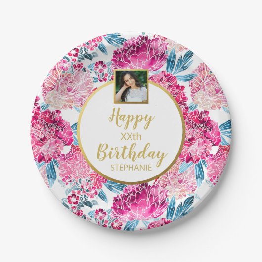 Hübsche Blume, Happy Birthday, Benutzerdefinierter Pappteller (Vorderseite)