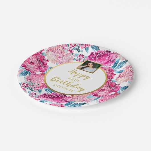 Hübsche Blume, Happy Birthday, Benutzerdefinierter Pappteller (Schrägansicht)