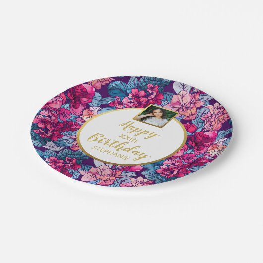 Hübsche Blume, Happy Birthday, Benutzerdefinierter Pappteller (Schrägansicht)