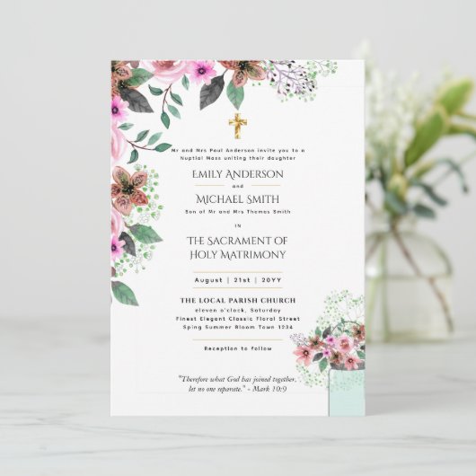 Hübsche Blume Katholische Hochzeit der Hochzeit de Einladung (Stehend Vorderseite)