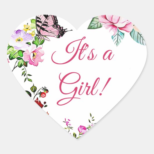 Hübsche Blume und Butterfly It a Girl Herz-Aufkleber (Vorderseite)