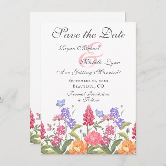 Hübsche Blume und Schmetterlinge Hochzeit Save The Date (Vorne/Hinten)