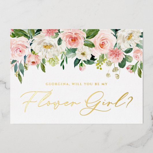 Hübsche Blume werden Sie mein Blumenmädchen sein Folieneinladung (Vorderseite)