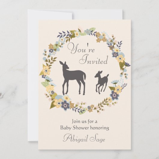 Hübsche Blume Wreath and Deer Baby Dusche einladen Einladung (Vorderseite)