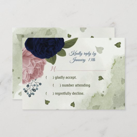 hübsche Blumen in Rosa und Marineblau RSVP Karte (Vorne/Hinten)