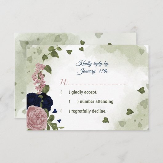 hübsche Blumen in Rosa und Marineblau RSVP Karte (Vorne/Hinten)