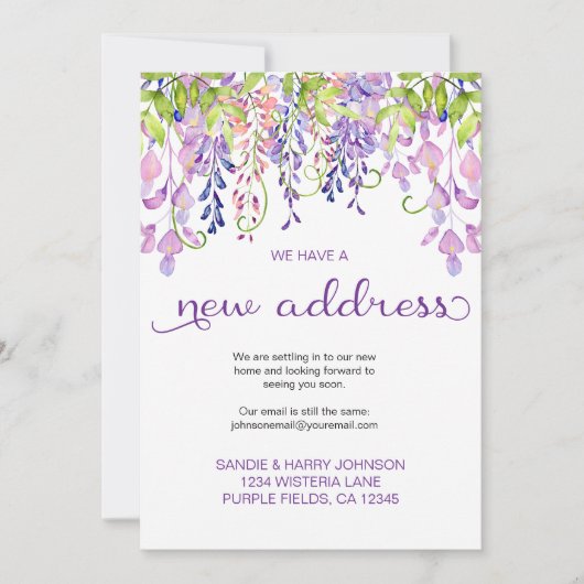 Hübsche Blumen Lila Wisteria New Address Moving Ankündigung (Vorderseite)