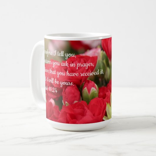 Hübsche Blumen, mit Vers von Mark 11:24 Kaffeetasse (Vorderseite Links)
