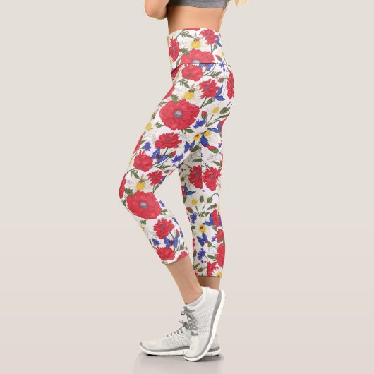 Hübsche Blumendrucke Rote Pflaumen Blaue Wildblume Capri Leggings (Links)