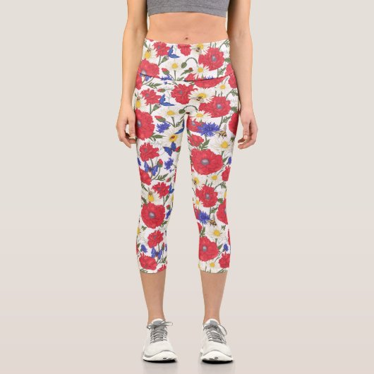 Hübsche Blumendrucke Rote Pflaumen Blaue Wildblume Capri Leggings (Vorderseite)