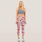Hübsche Blumendrucke Rote Pflaumen Blaue Wildblume Capri Leggings (Vorderseite)
