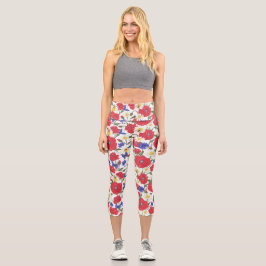 Hübsche Blumendrucke Rote Pflaumen Blaue Wildblume Capri Leggings