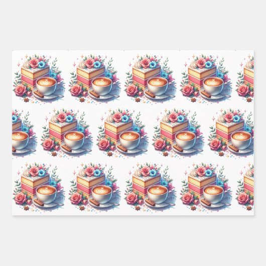 Hübsche Blumengeburtstorte, Kaffee und Blume Geschenkpapier Set (Vorderseite)